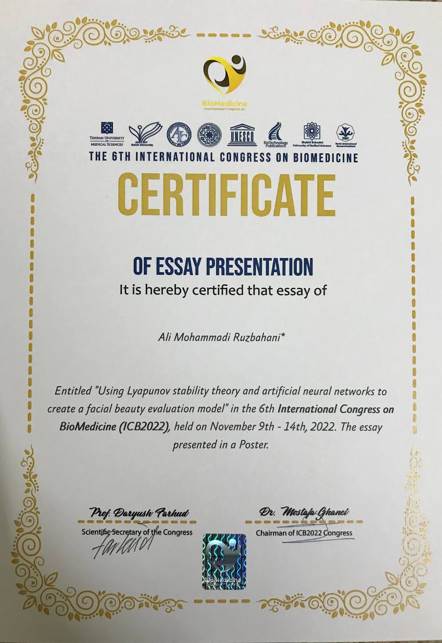 Certificate of essay presentation at the 6th International Congress on Biomedicine