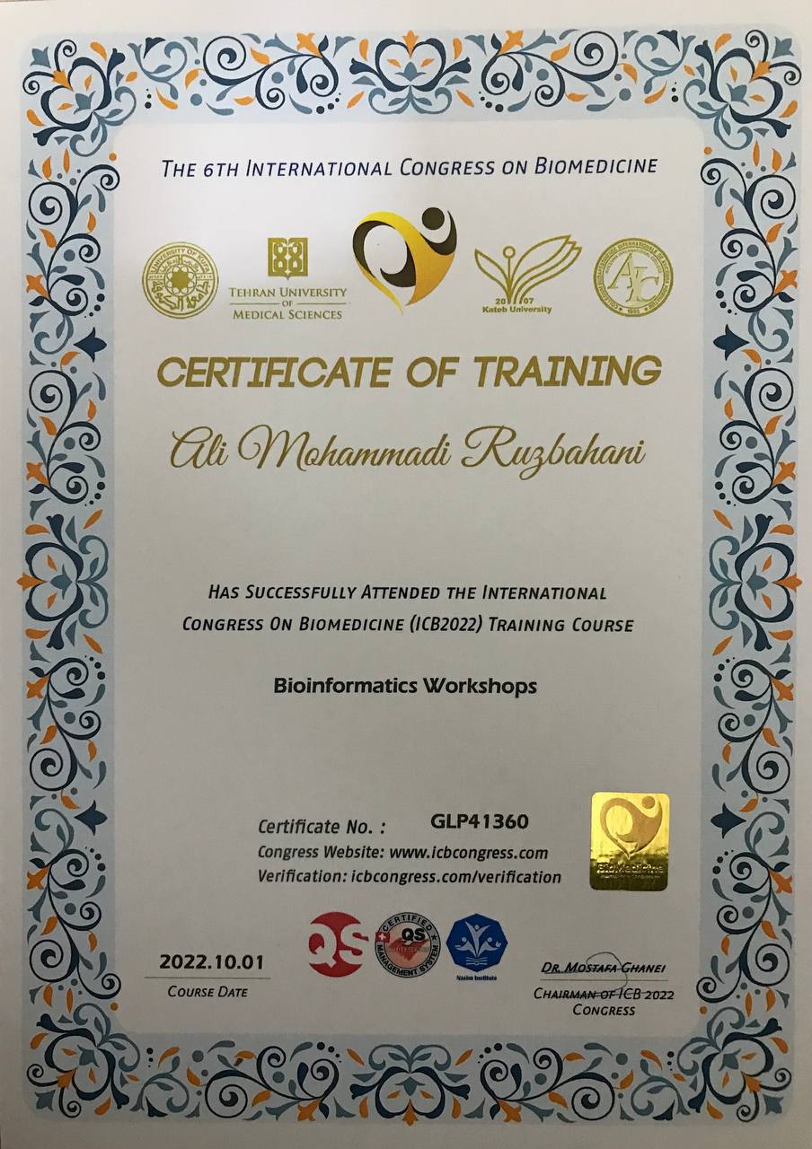 Certificate of training for bioinformatics workshops at ICB2022