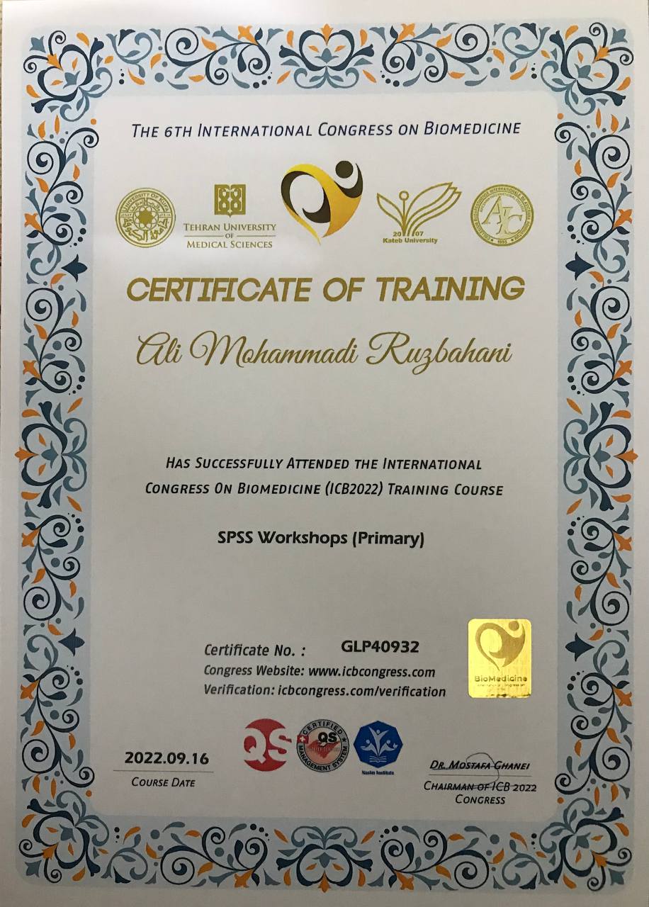 Certificate of training for SPSS primary workshops at ICB2022